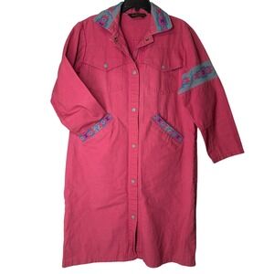 VTG David James Pink Aztec Southwestern Denim Jacket Womens M Duster Navajo 90s